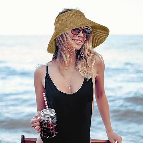 Miniatura 5 de ELEHOLD Viseras solares para mujer, sombreros de playa de ala ancha, sombrero de paja enrollable, plegable, con protección UV, sombrero de viaje de