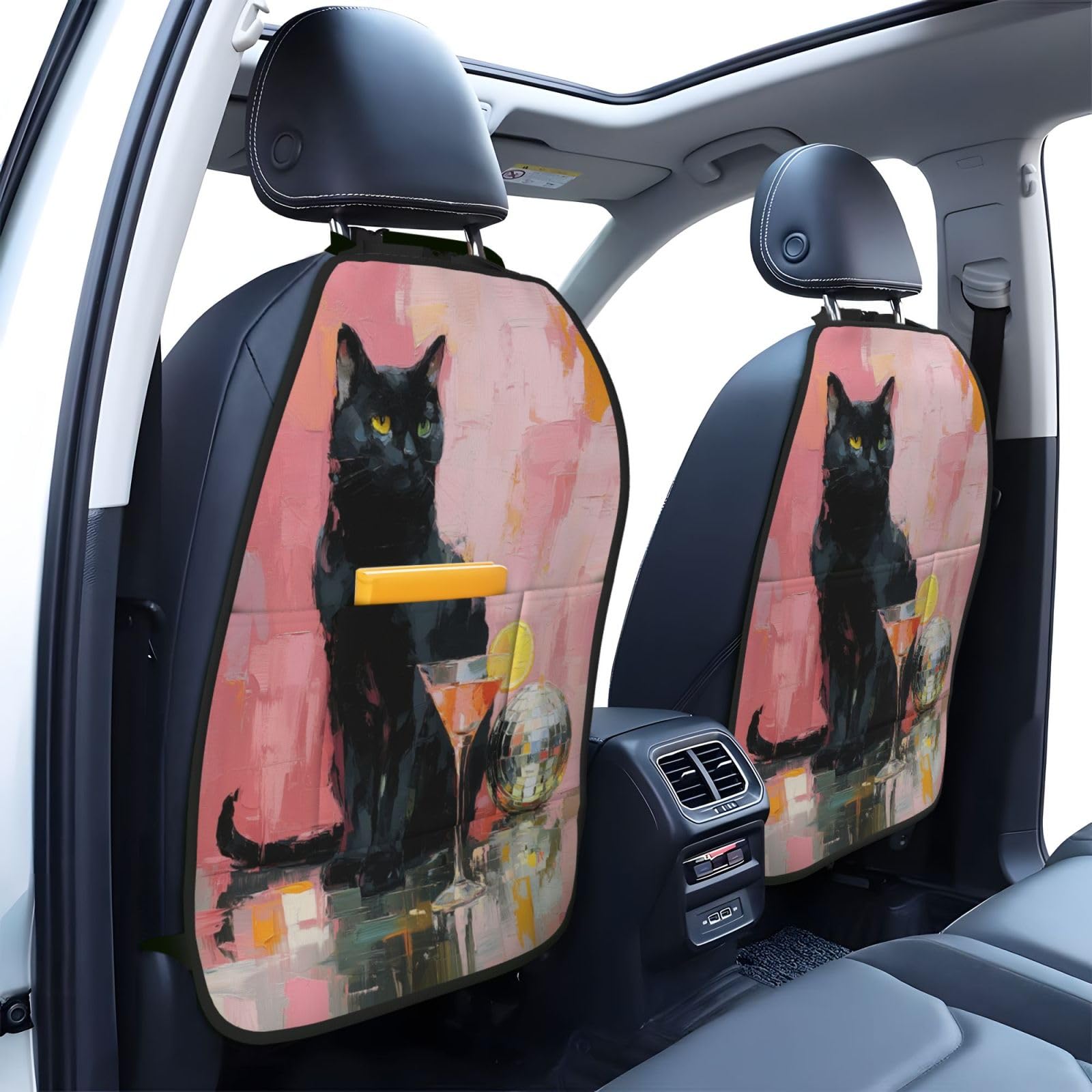 Black Cat And A Disco Ball Car Seat Back Kick Protectors,2 Pack Kick Mats With Storage Pockets For Vehicles To Protect From Dirt Mud Scratches