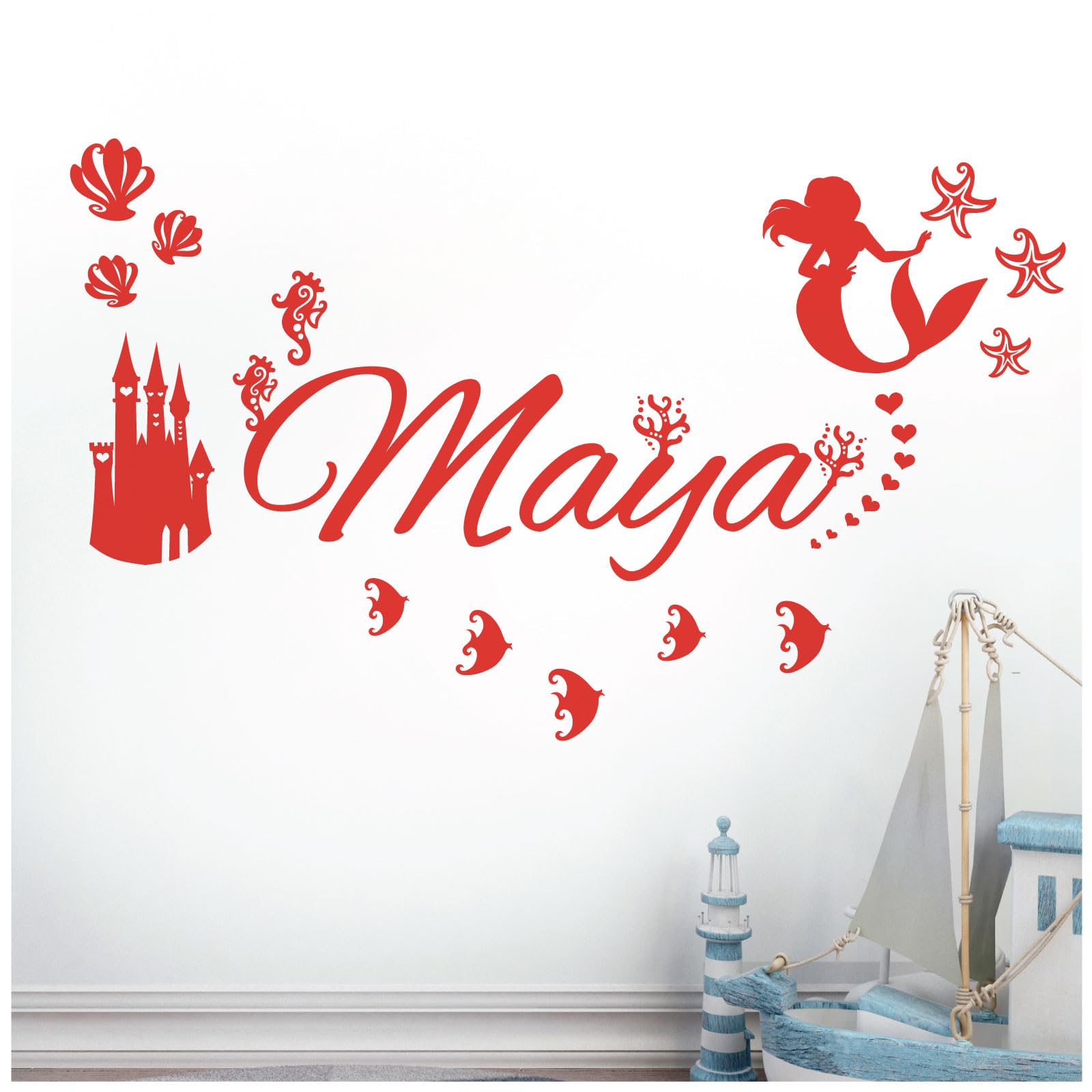 Personalised Name - Little Mermaid Inspired, Ocean, Castle, Starfish - Children's Bedroom Vinyl Wall Decal Sticker [Large] [Tomato]