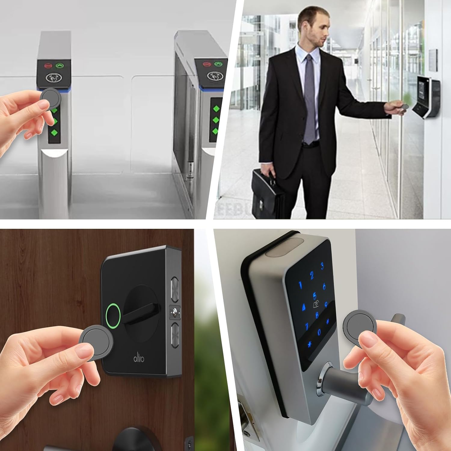 Examples of Mifare Ultralight C keyfobs used in various access control scenarios.