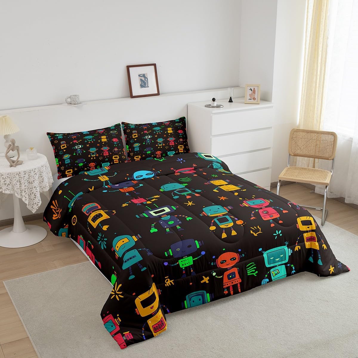 Erosebridal Kawaii Bedding Set Cute Robots Quilt,Kids Boys Girls Watercolor Robot Comforter Set Twin Modern Cartoon Super Robot Toddler Duvet Insert,Colorful Kawaii Room Decor,Black