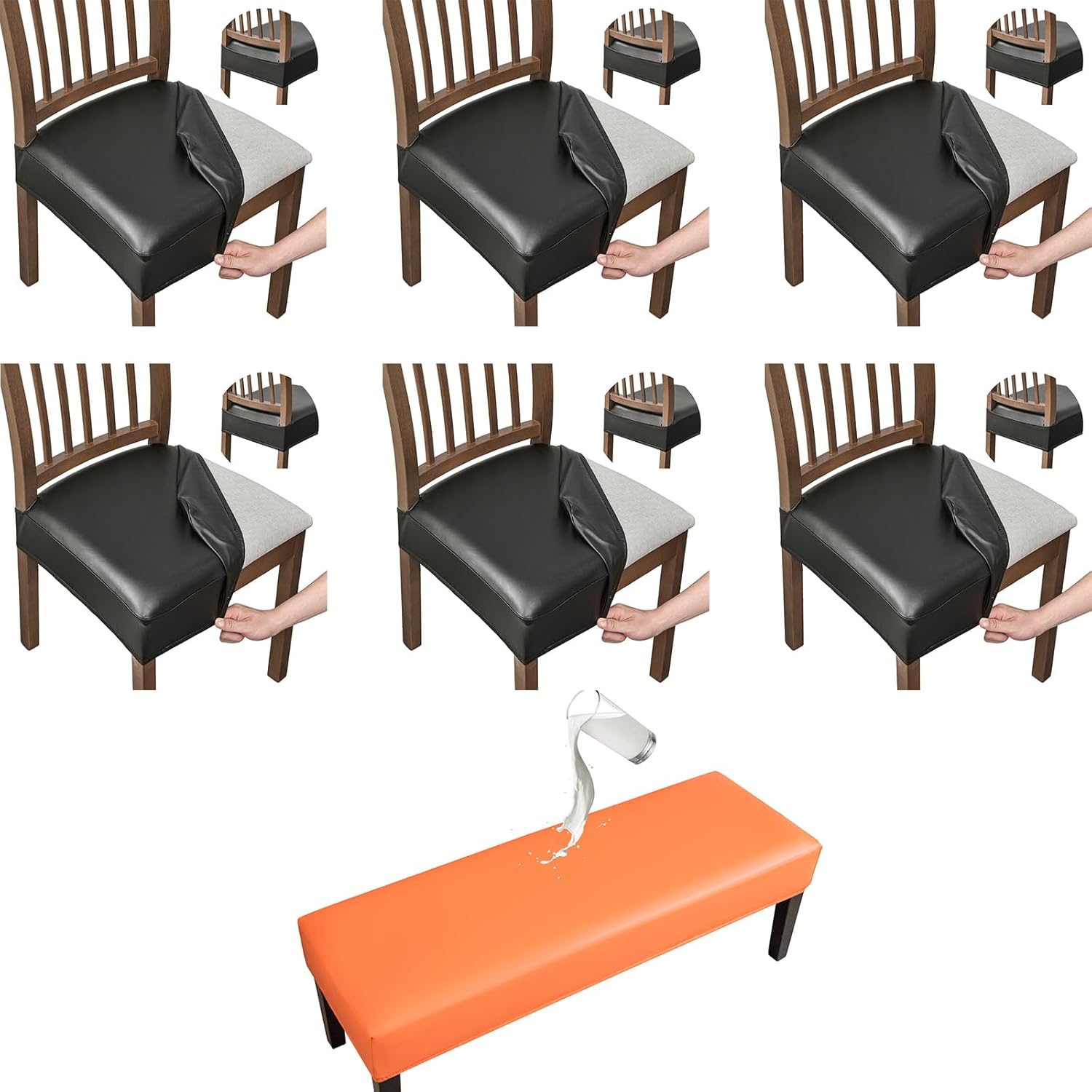 FUANGUI Dining Chair Covers Set of 6+Bench Cover, Waterproof PU Leather Stretch Chair Seat Slipcovers, Black+Orange