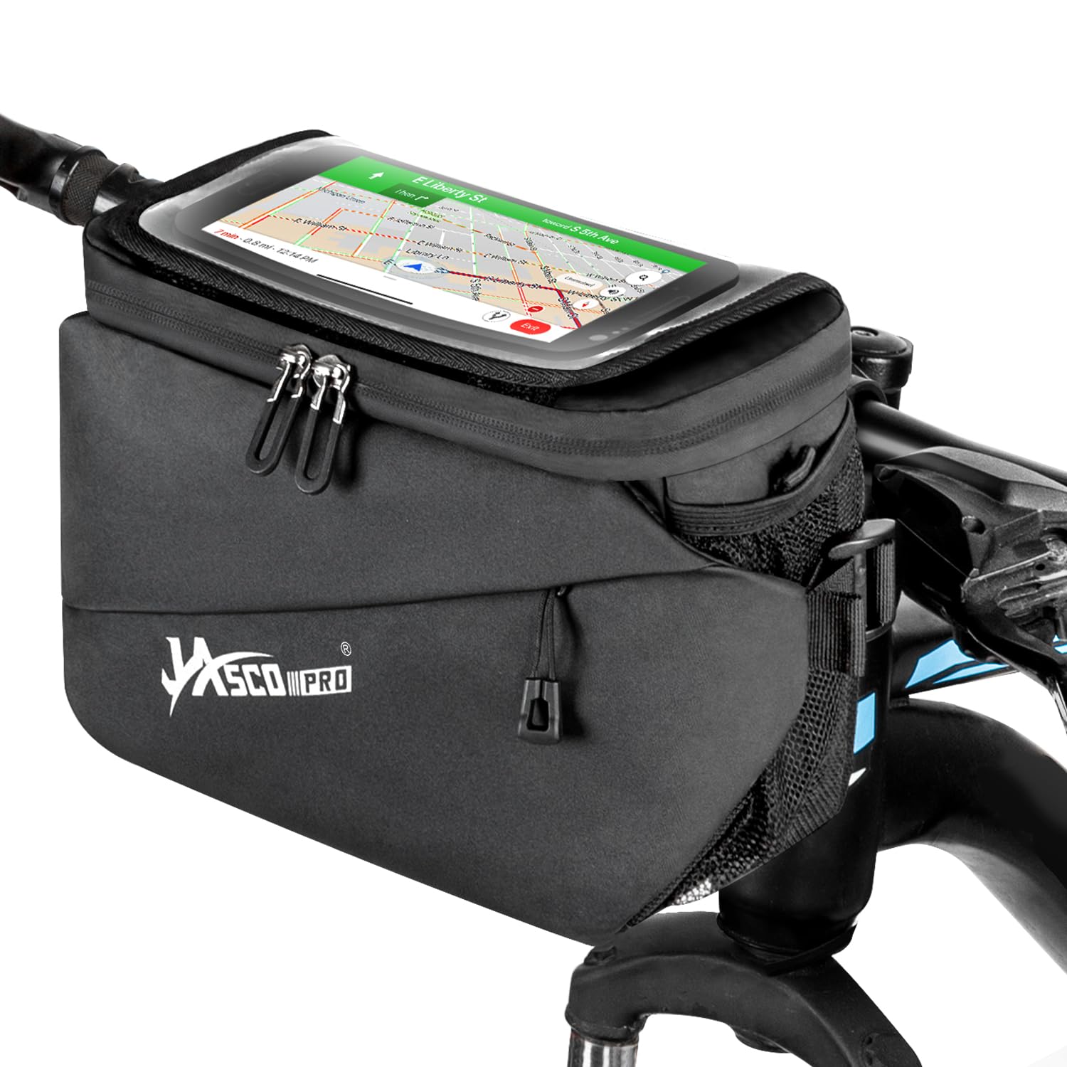 JASCOPRO 3 in 1 Waterproof Front Bag with Adapter, Handlebar Bike Handlebar Bag Mobile Phone Holder with Adjustable Touchscreen for Bike & E-Bikes