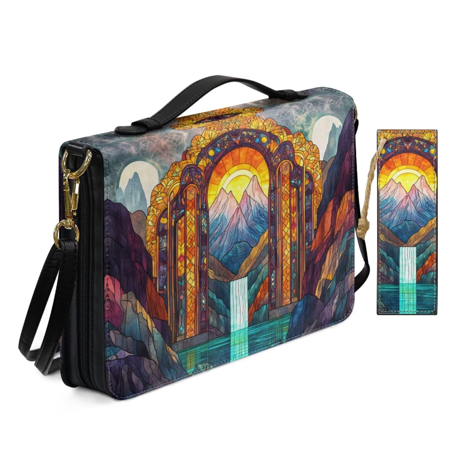 PU Leather Adjustable Shoulder Strap Bible Bags for Women Stained Glass Style Mountain Waterfall Arch Bible Case with Bookmark Crossbody Handle Book Case Pockets Zippered Church Bag