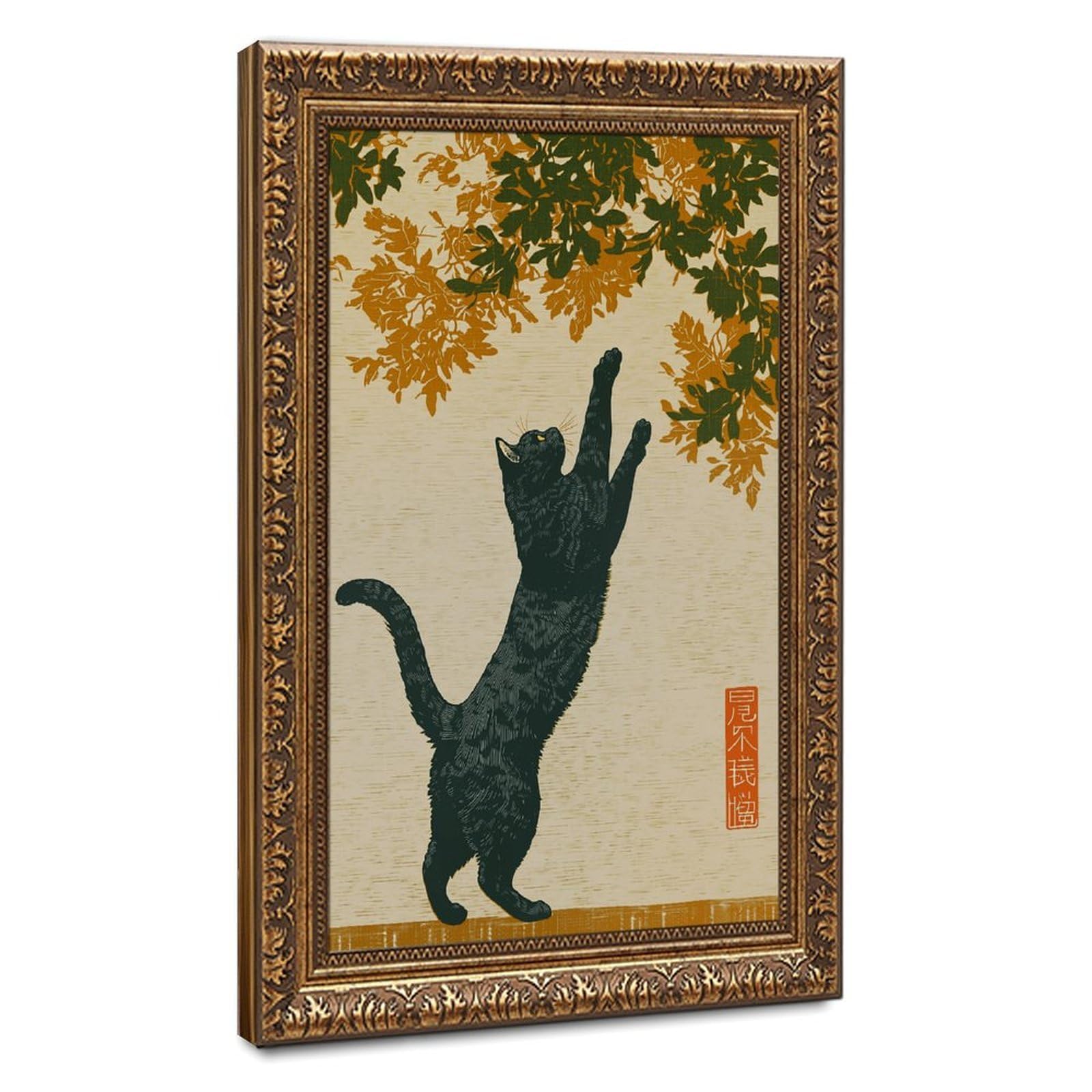 AYINUER Black Cat Reaching Autumn Leaves Poster Canvas Poster for Dorm Room Decor Gift