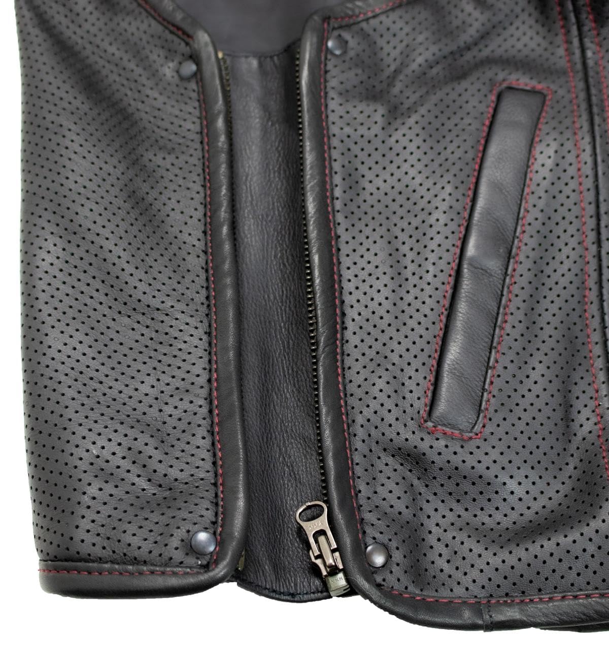 MDM Herren Lederweste Kutte mit Perforiertem Leder, in schwarz mit roten Nähten