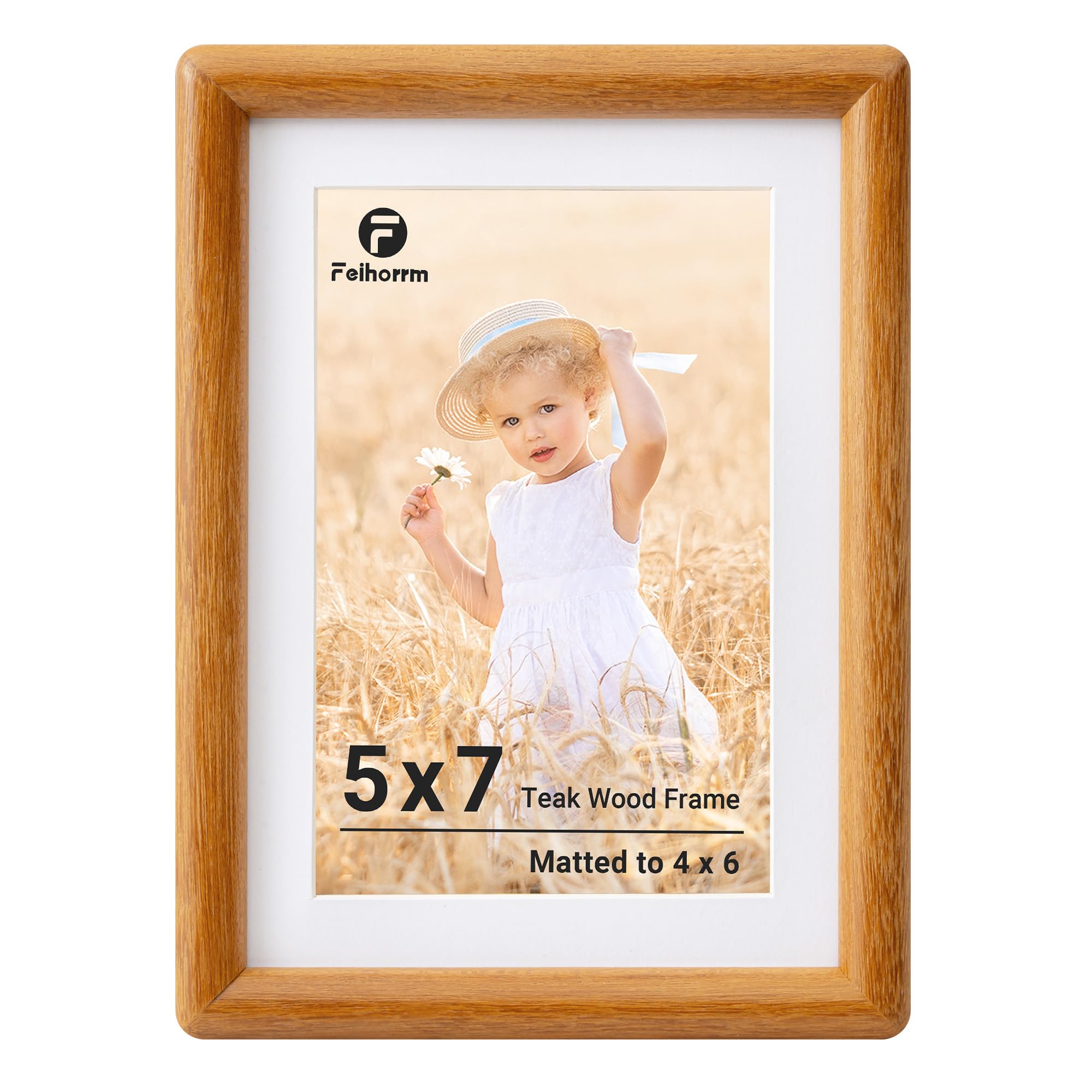 Feihorrm 7x5 Photo Frames, Teak Solid Wood Picture Frame, 5x7 Picture Frame, 5x7 Frame Matted to 4x6 Photos, Handcrafted Rounded Corners with HD Tempered Glass, Tabletop & Wall Mount Display โ image 1