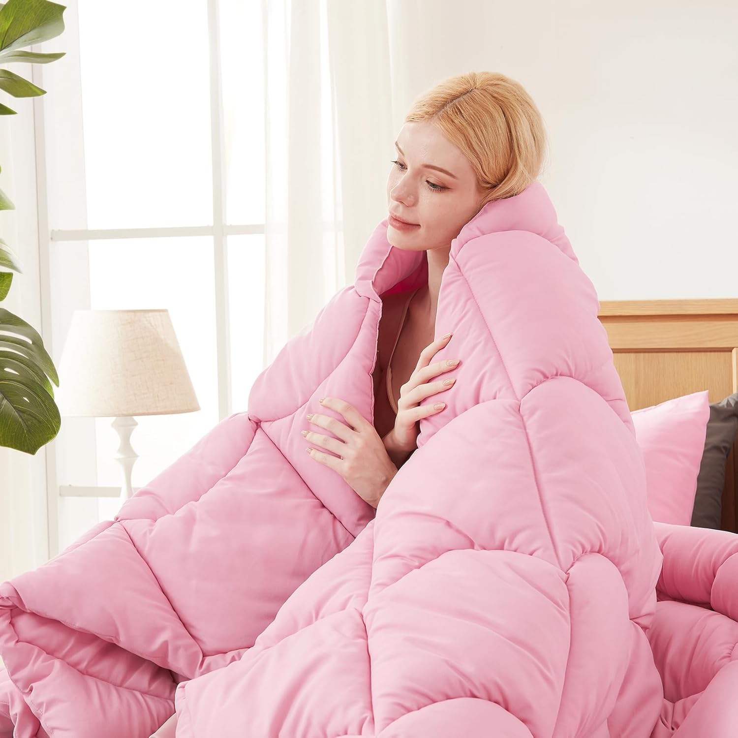 Decroom Lightweight Full Comforter Set with 2 Pillow Sham - 3 Pieces Set - Quilted Down Alternative Comforter/Duvet Insert for All Season - Pink - Full Size - Image 2