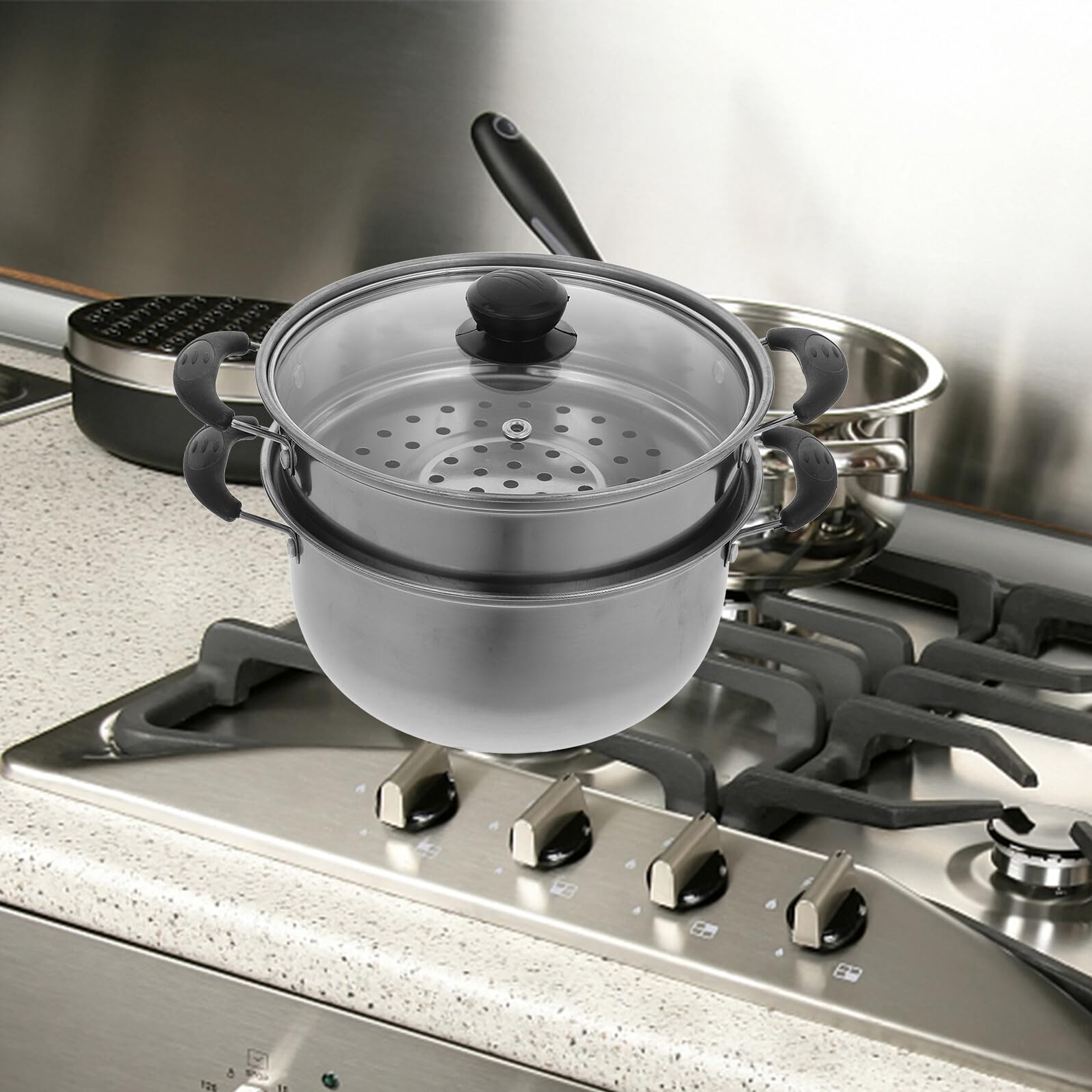 Ipetboom Pentola Vapore Acciaio Inox Vaporiera Cucina Pentola per Cottura a Vapore Compatibile Gas Elettrico Uso Domestico con Coperchio E Doppio Manico