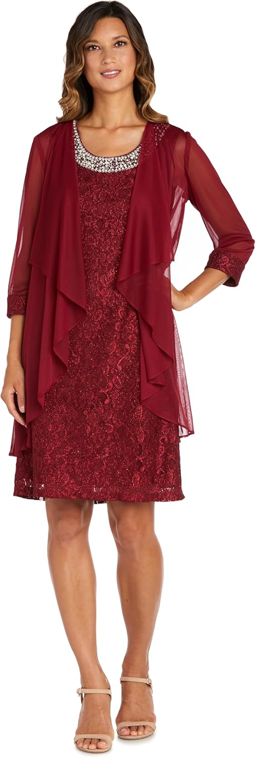 2PC Flyaway Jacket Over Lace Shift Dress with Beaded Neckline