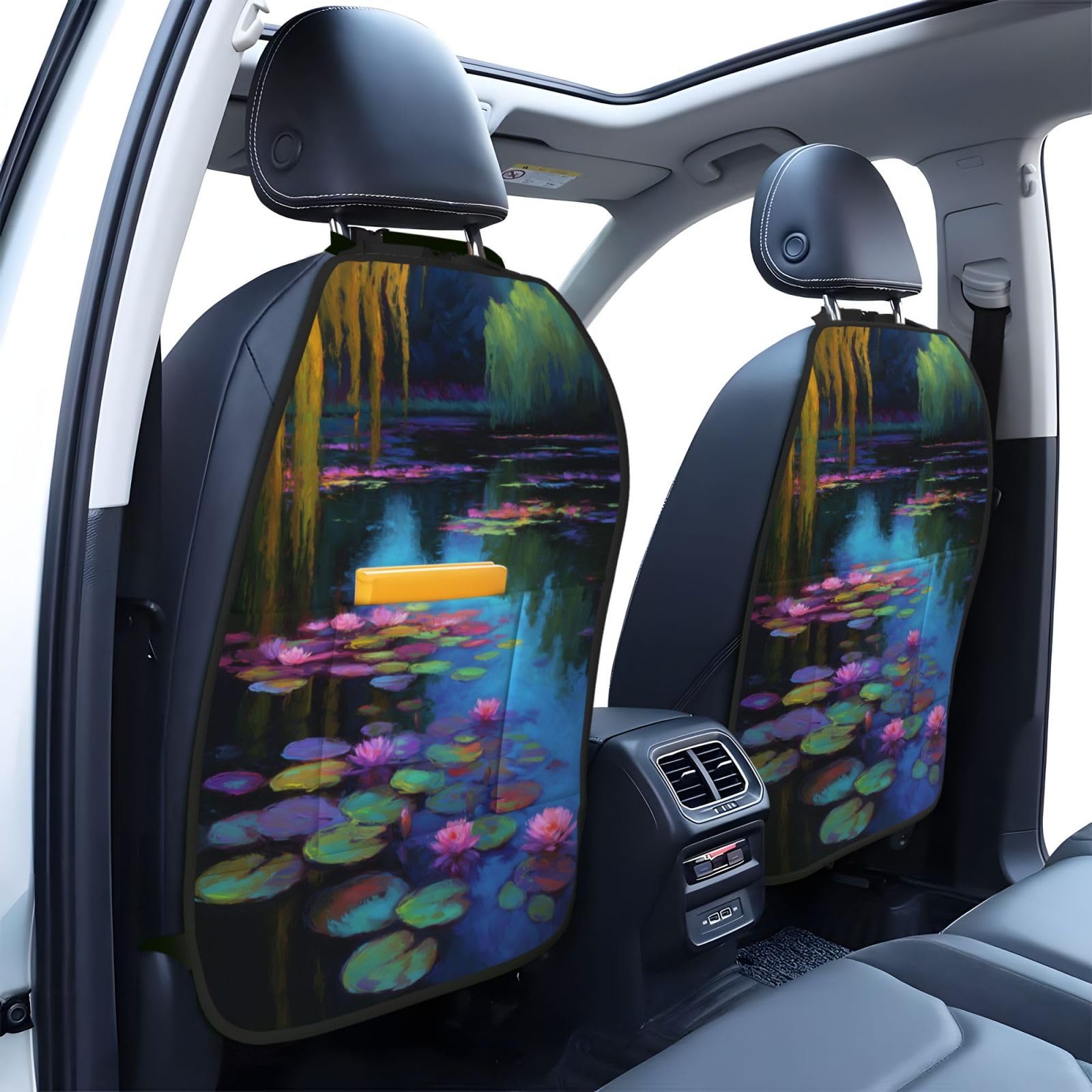 Water Lilies Car Seat Back Kick Protectors,2 Pack Kick Mats With Storage Pockets For Vehicles To Protect From Dirt Mud Scratches