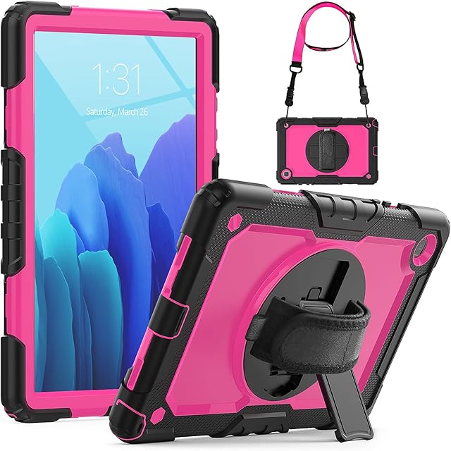 SEYMCY for Samsung Galaxy Tab A7 Case 10.4 inch 2020,Shockproof Case with Screen Protector,Built-in Kickstand,360° Hand Strap, A7 Tablet Case for SM-T500/T505/T507,Black/Pink
