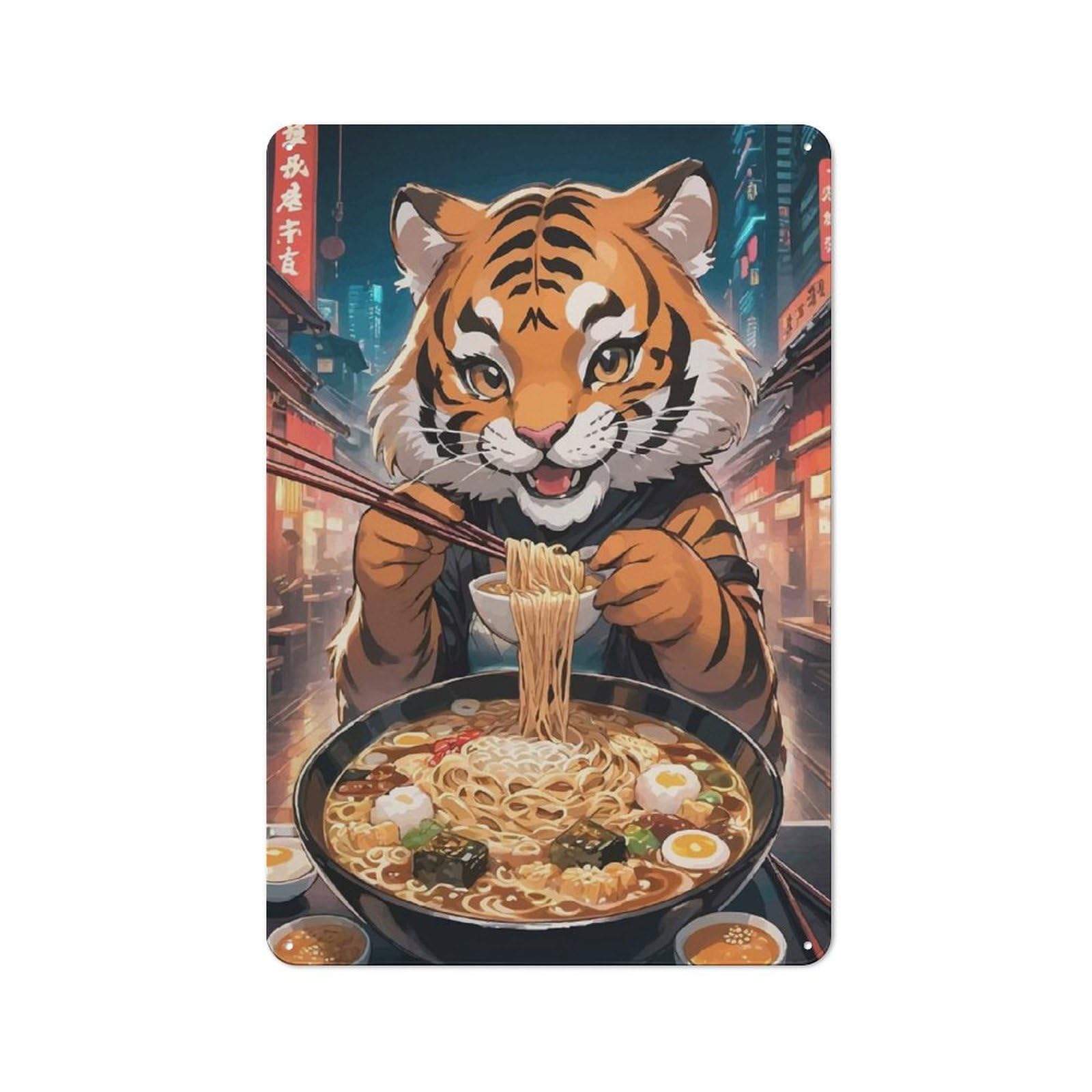 Junmoney Tiger Eating Ramen Tin Sign 30X20cm For Workshop Wall, Retro Wall Decor, Suited To Metal Sign Collectors