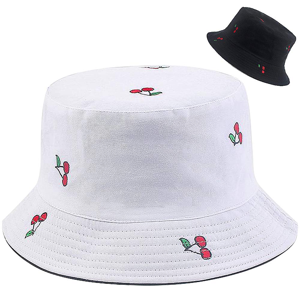 XYIYI Cherry Reversible Bucket Hat White Beach Sun Fishing Hats for Women Teen Girls