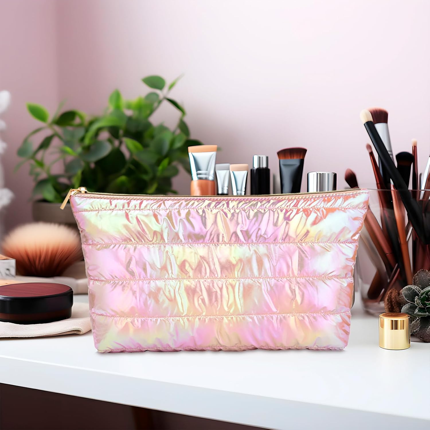 Hiroyuki Iridescent Quilted Makeup Bag, 3pcs Cute Makeup Bag Set, Large Capacity Cosmetic Organizer Travel Toiletry Pouch (plain, pink) - Image 5