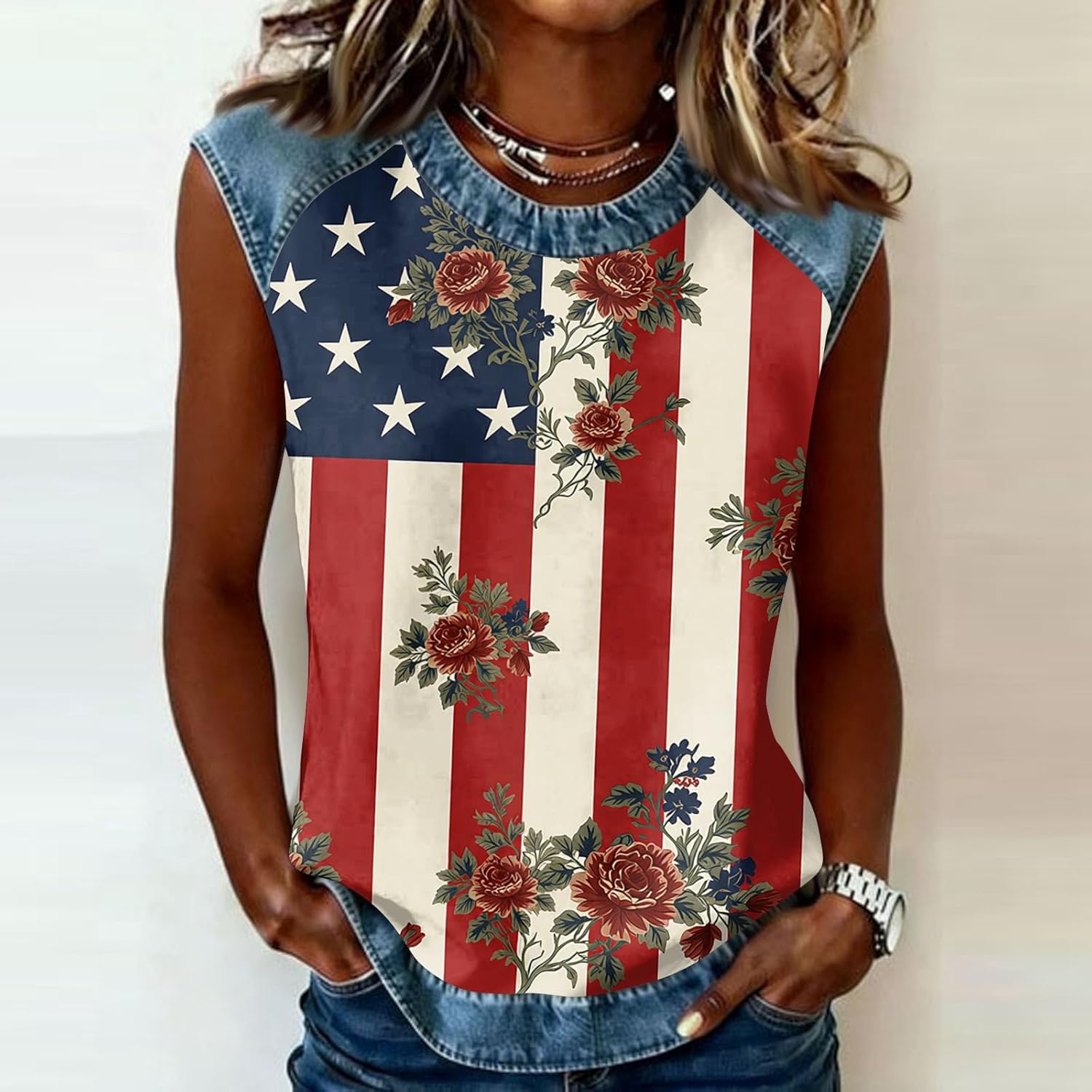 Women 1776-2026 250 Anniversary USA Shirt Sleeveless Patriotic Denim Trim Tank Top America Flag Graphic Tee Shirt
