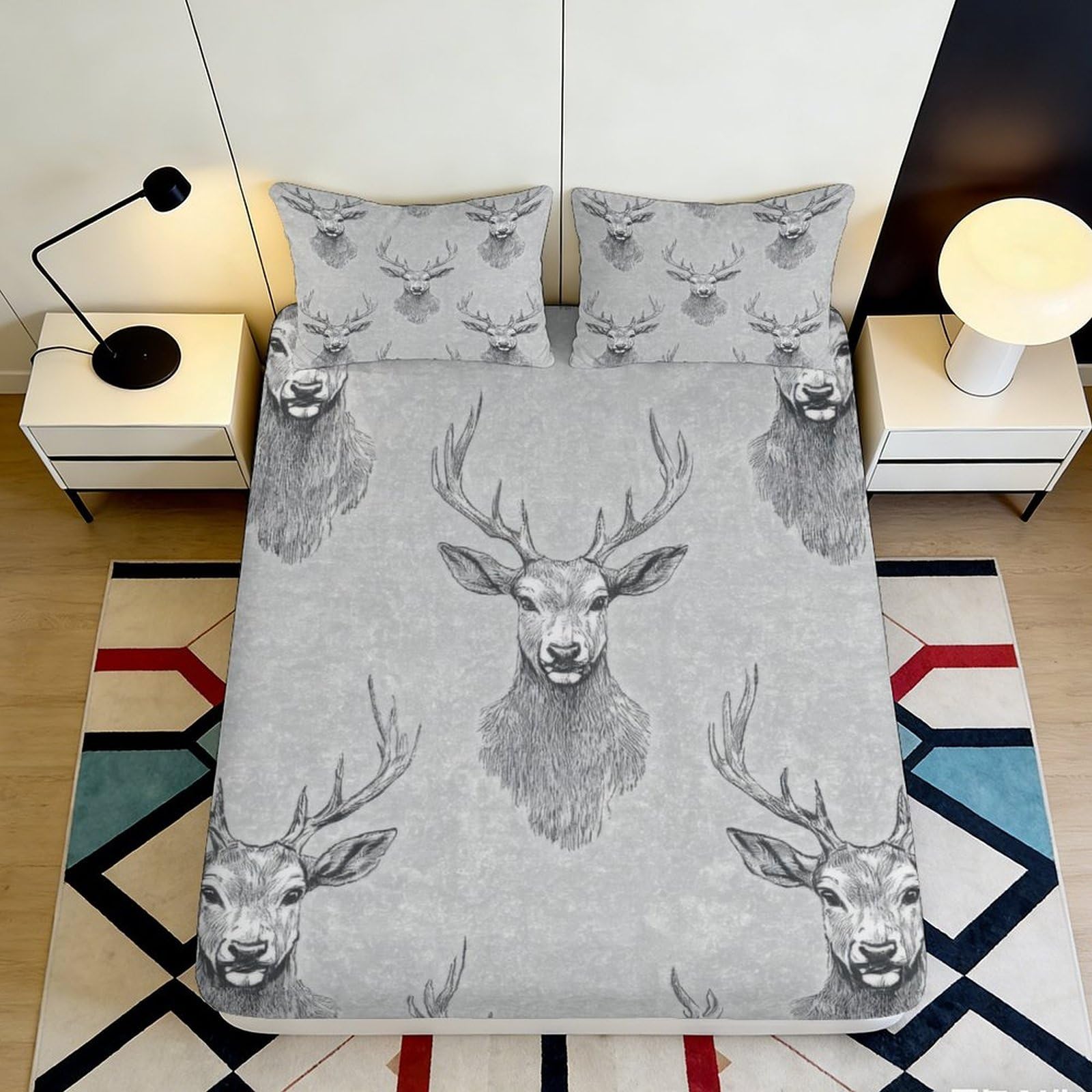 Pnayamiorkfel Style-2 3D Printed Deer Head Fitted Sheet Microfiber Anti-Slip Dustproof Bedroom Decor Elk Bed Cover For Home Guest Room 90X200x25cm