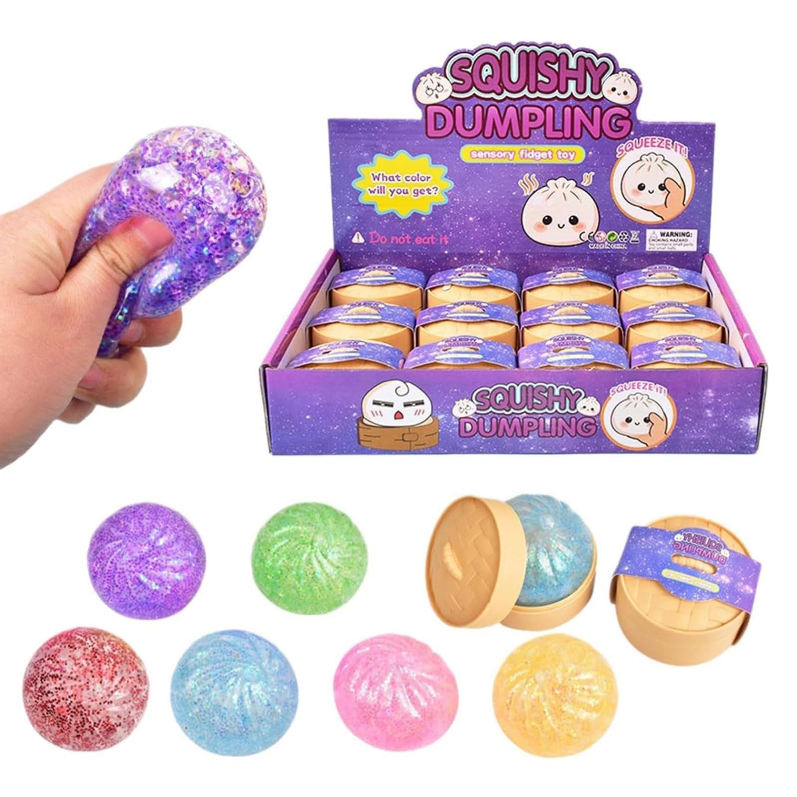 Giant Mystery Dumpling Squishy Stress Ball, Jumbo Squishy Dumpling Toys, With Steamer Box,Rainbow Mystery Squishies Bun,Anxiety Relief Fidget,Soft Squeeze Decompression Dough for Adults (12PCS-NO Eye)
