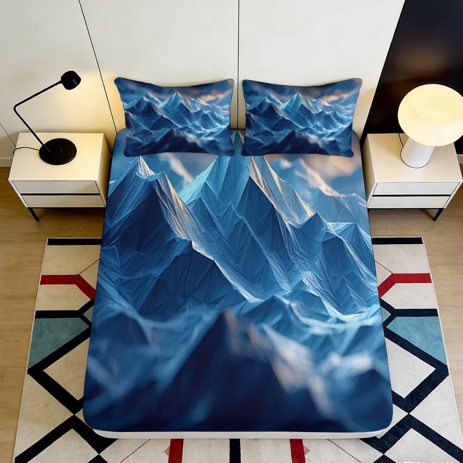 3D Printed Mountain Peaks Fitted Sheet Microfiber Blue Abstract Landscape Bed Cover for Bedroom Dorm Mattress Decor 90x200x25cm