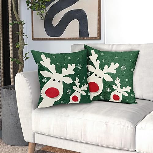 Miniatura 6 de aportt Juego de 2 fundas de almohada de Navidad de ciervos de 18 x 18 pulgadas, diseño de reno de copo de nieve verde invierno, fundas de almohada