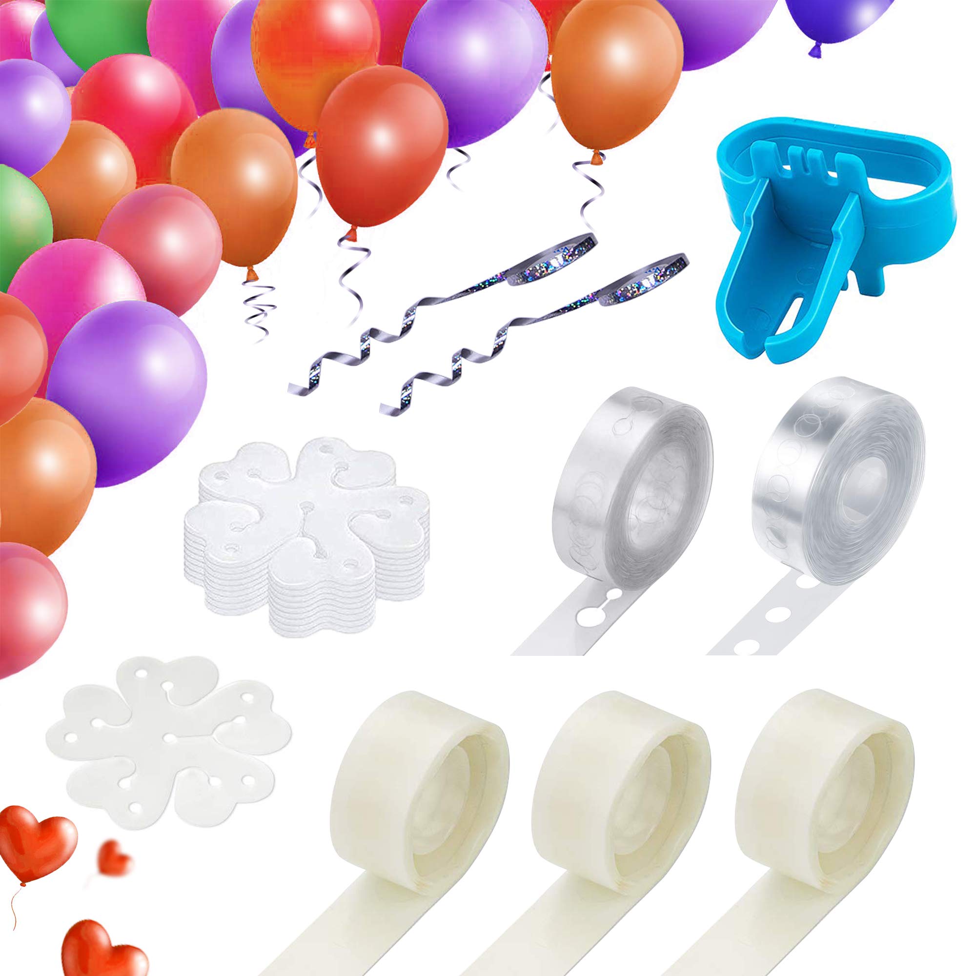Balloon decorating strip kit for Arch Garland,32Ft Balloon Tape Strip,32ft 2pcs Silver ribbons .Balloon Tying Tool,300 Dot Glue,5 Flower Clip, Wedding Birthday Party Baby Shower DIY