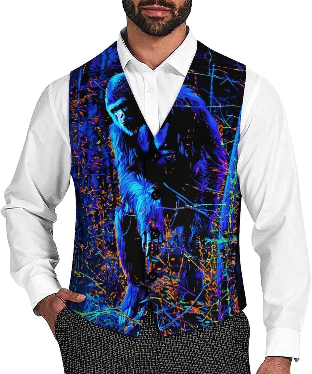Bigfoot Blacklight Mens Vest Formal Waistcoat Tuxedo with Pocket Suit Vests for Wedding Party