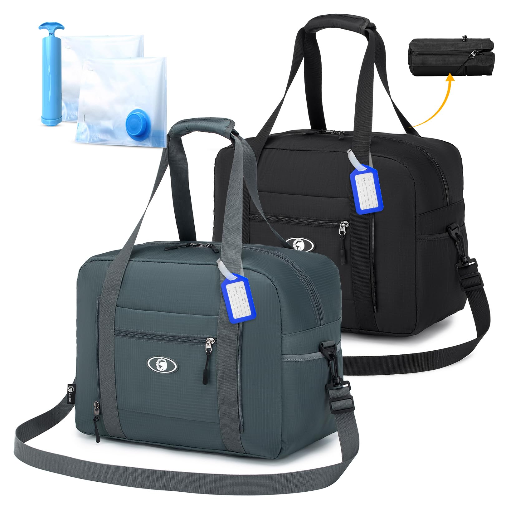 BAGZY 2X Reisetasche Handgepäck 40x30x20 Wizzair Volotea 25L Faltbare Weekender Sporttasche Taschen Koffer Tasche Wasserdicht Nylon Umhängetasche Kabine Handtaschen Hospital Bag Mit Vakuumbeutel