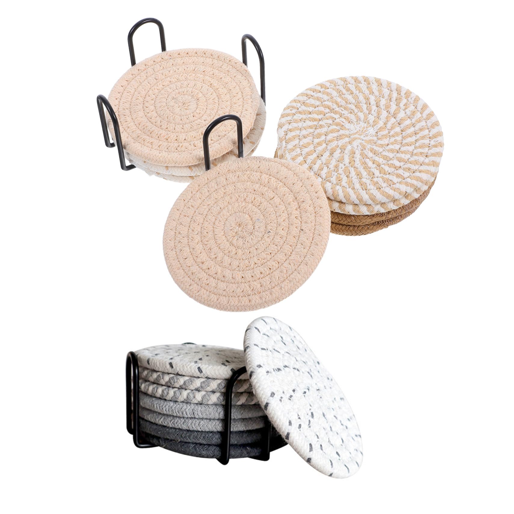 Sous-verres absorbants boho en coton tressé antidérapant avec support