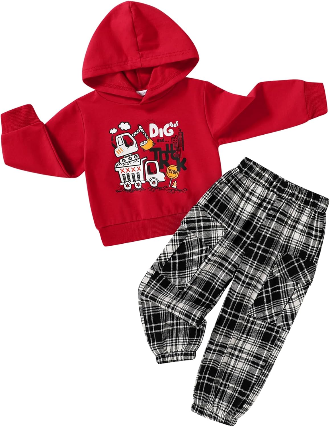 Happy Town Toddler Boy Clothes Fall Sweatsuit Winter Outfits Long Sleeve Hoodies Sweatshirt and Plaid Cargo Sweatpants