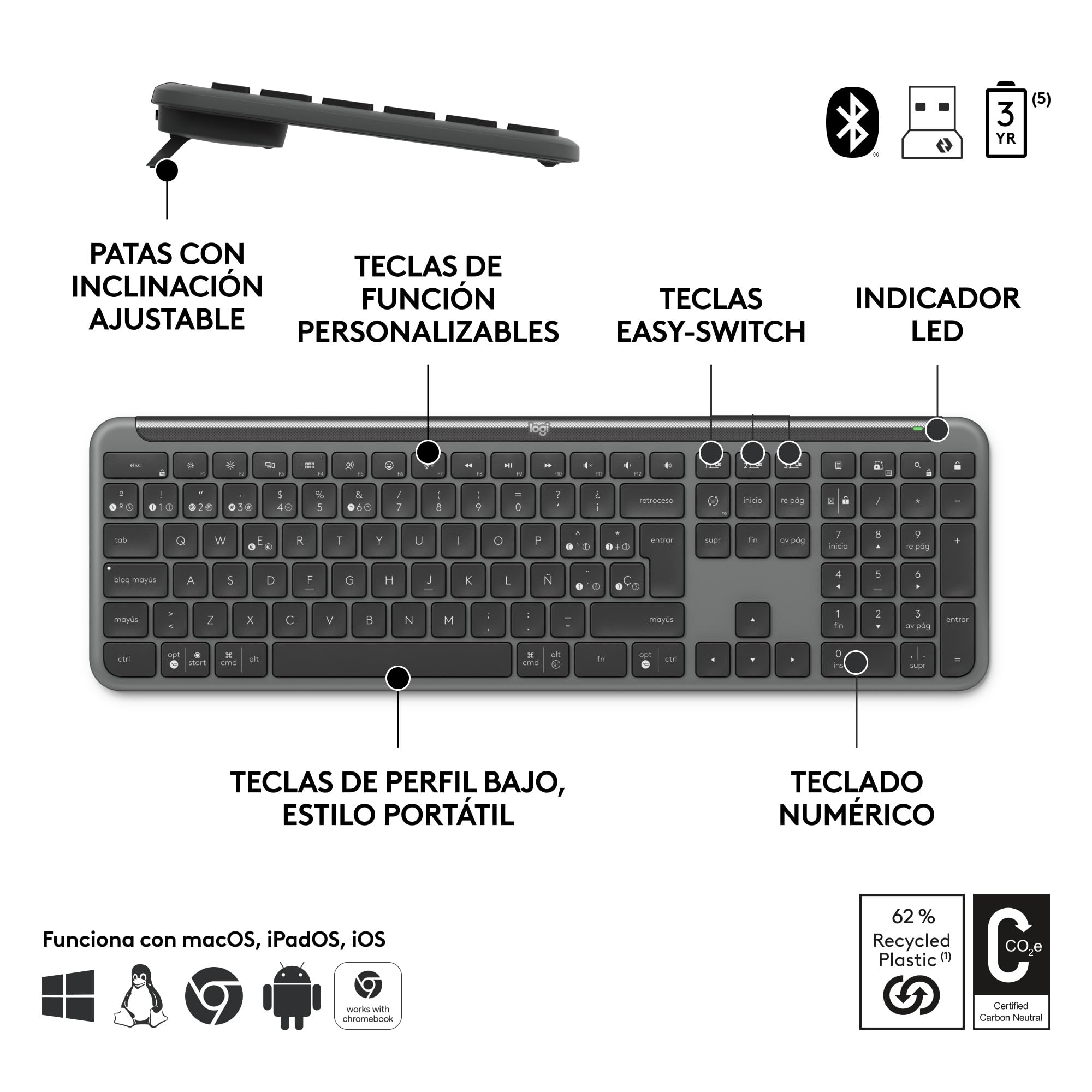 Logitech Signature Slim MK950 for Business | Combinación teclado y ratón inalámbricos, escritura discreta, receptor seguro, Windows/Mac/Chrome/Linux, QWERTY ESP - Grafito
