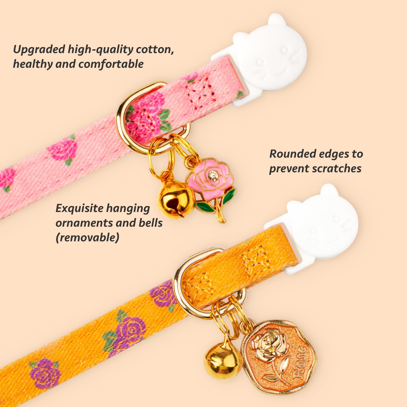 Lot de 2 colliers en coton pour chat avec pendentif rose jaune et rose avec clochette, idéal pour les chats, les garçons, les chats