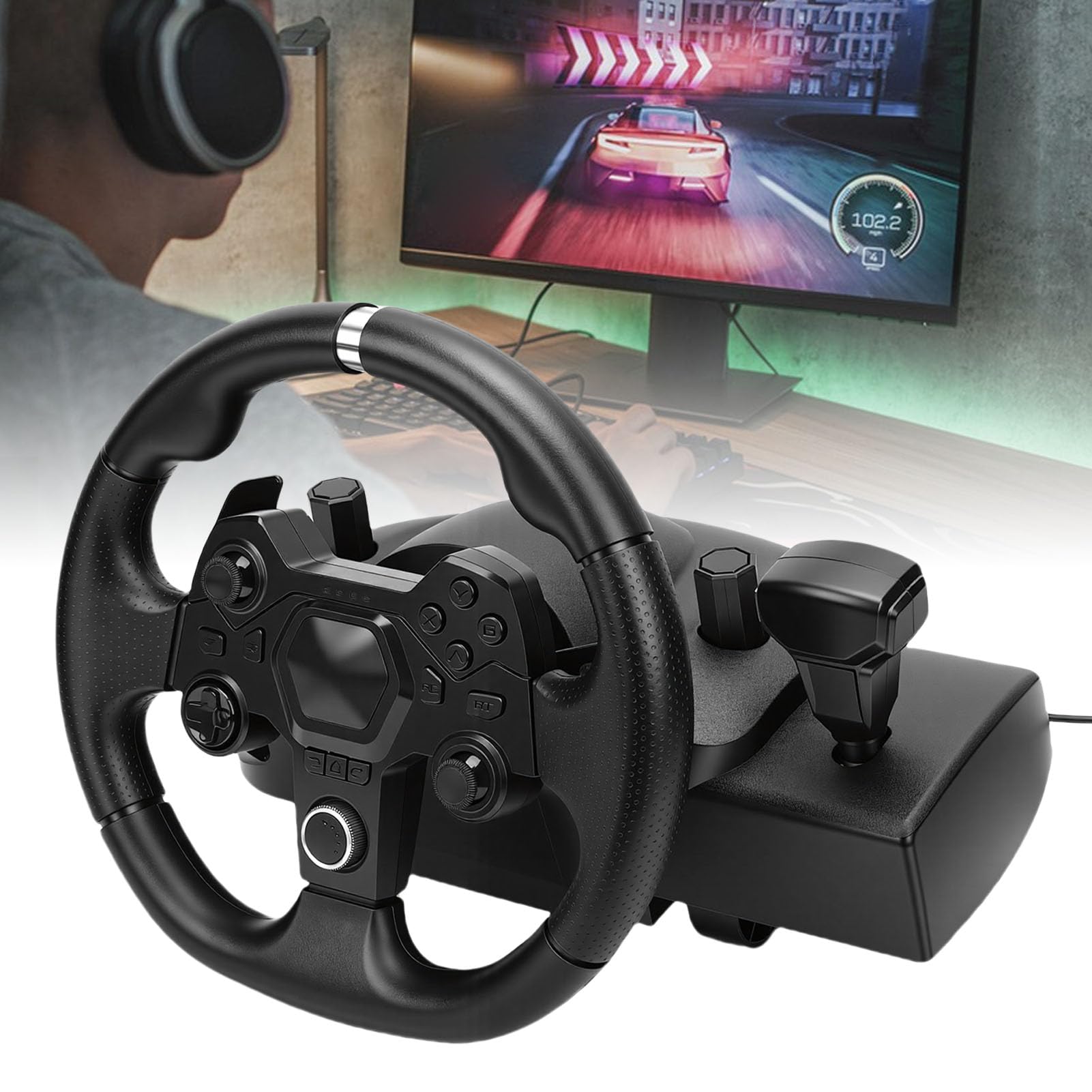 Dpofirs Volante da Gioco, Volante da Corsa Driving Force da 11 Pollici con Rotazione di 270 Gradi e sensibilità Regolabile, con Pedali Programmabili, per PC