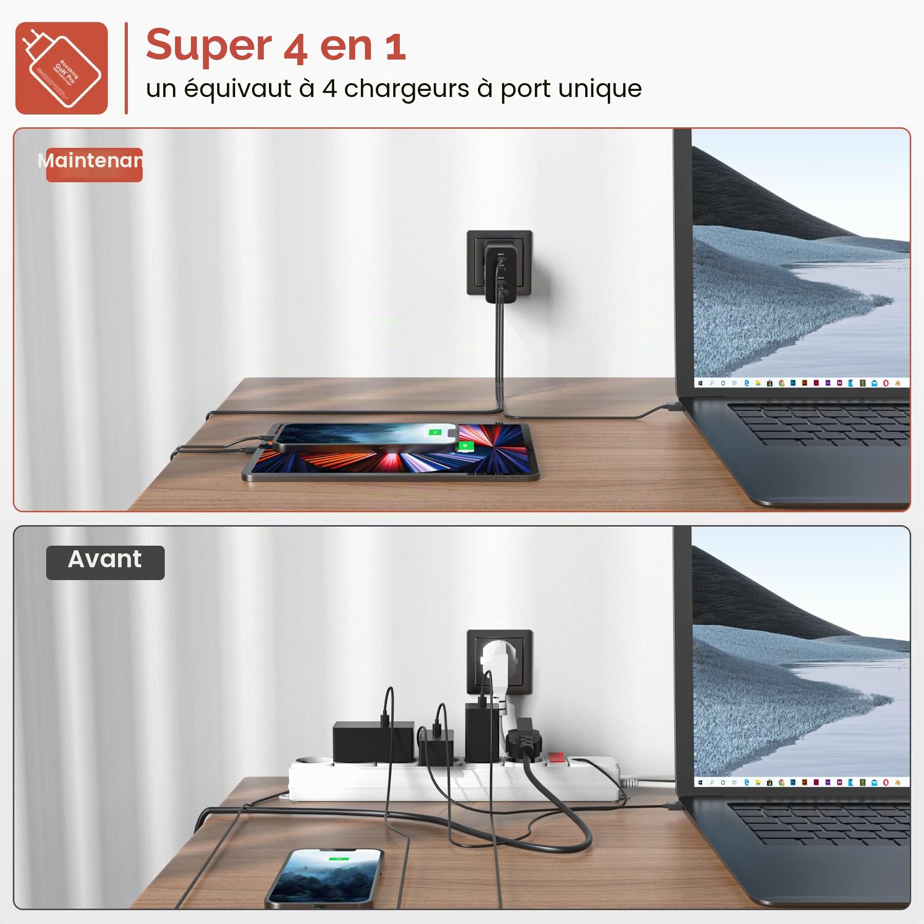 Rosaking Chargeur USB C 200W, Chargeur Rapide GaN III Tech, Chargeur Rapide USB C 4 Ports pour MacBook Air, Chargeur Compatible avec Samsung Galaxy Book