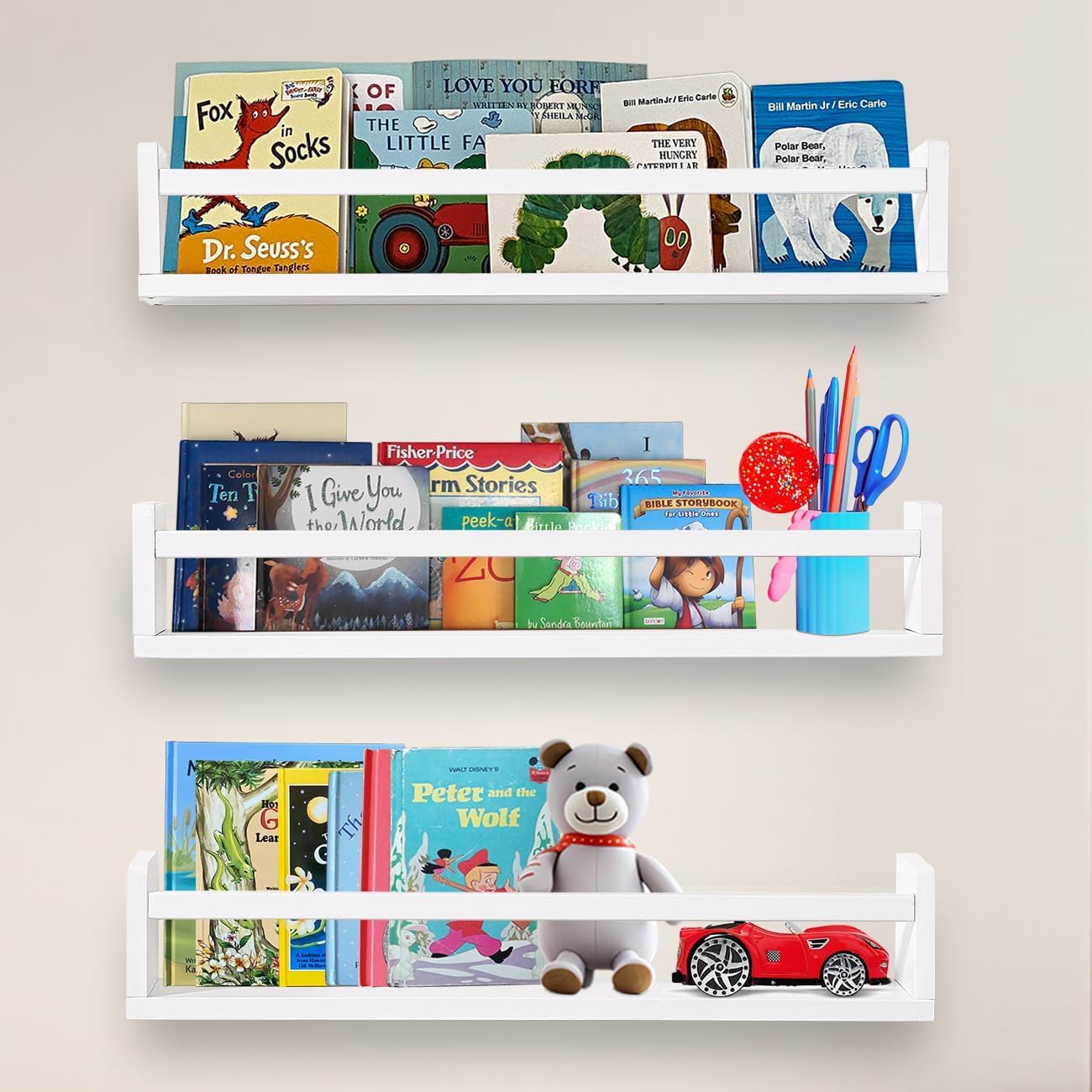 WooDinzo Engineered Wood Floating Bookshelf 24 Inches Set Of 3, Wall Mounted Nursery Book Shelves, Kids Room, Kitchen Spice Rack, Book Shelf, White
