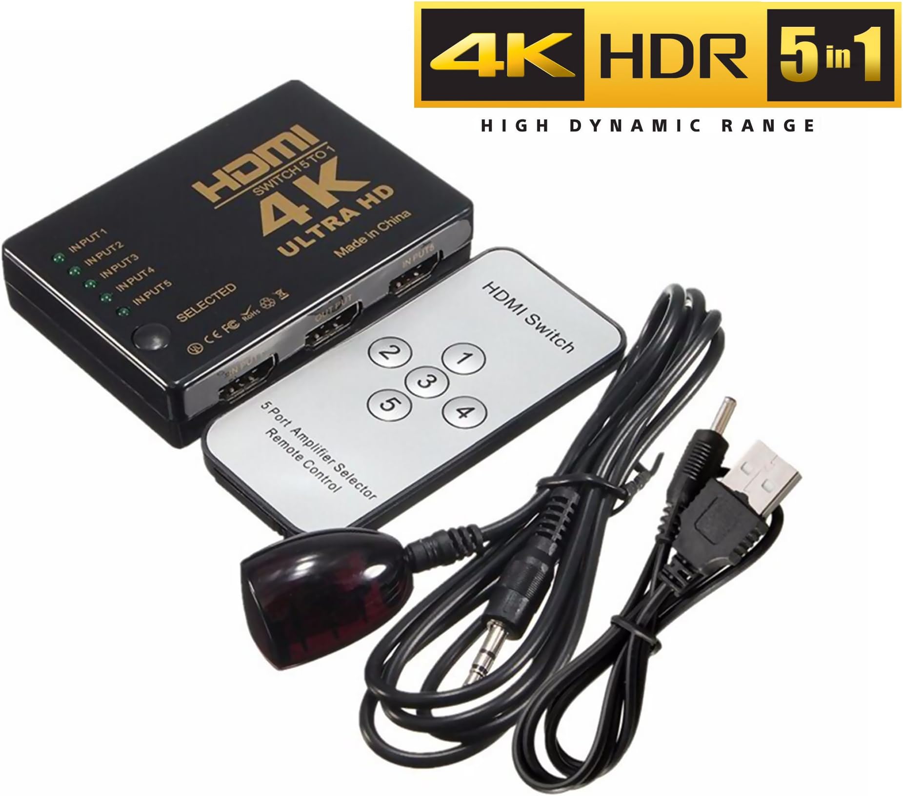 4K HDMI Switch, 5 in 1 Out HDMI Video Switch, 5-Port HDMI Splitter, Full 4K 2K Support HDMI Selector with IR Remote