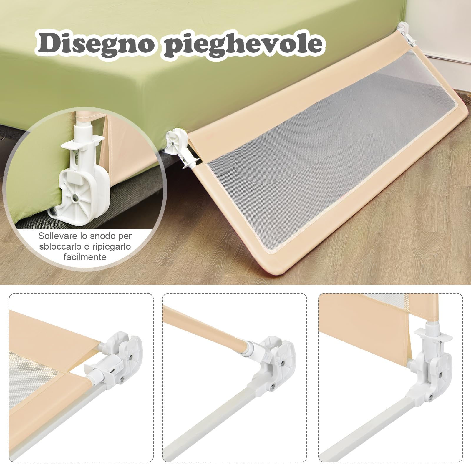 COSTWAY Barriera Letto per Bambini di 180 cm, Sponda di Sicurezza Pieghevole con Copertura Rimovibile, Rete Traspirante, Sbarra da Letto per Letti Singoli e Matrimoniali, 180 x 41 x 55 cm (Beige)