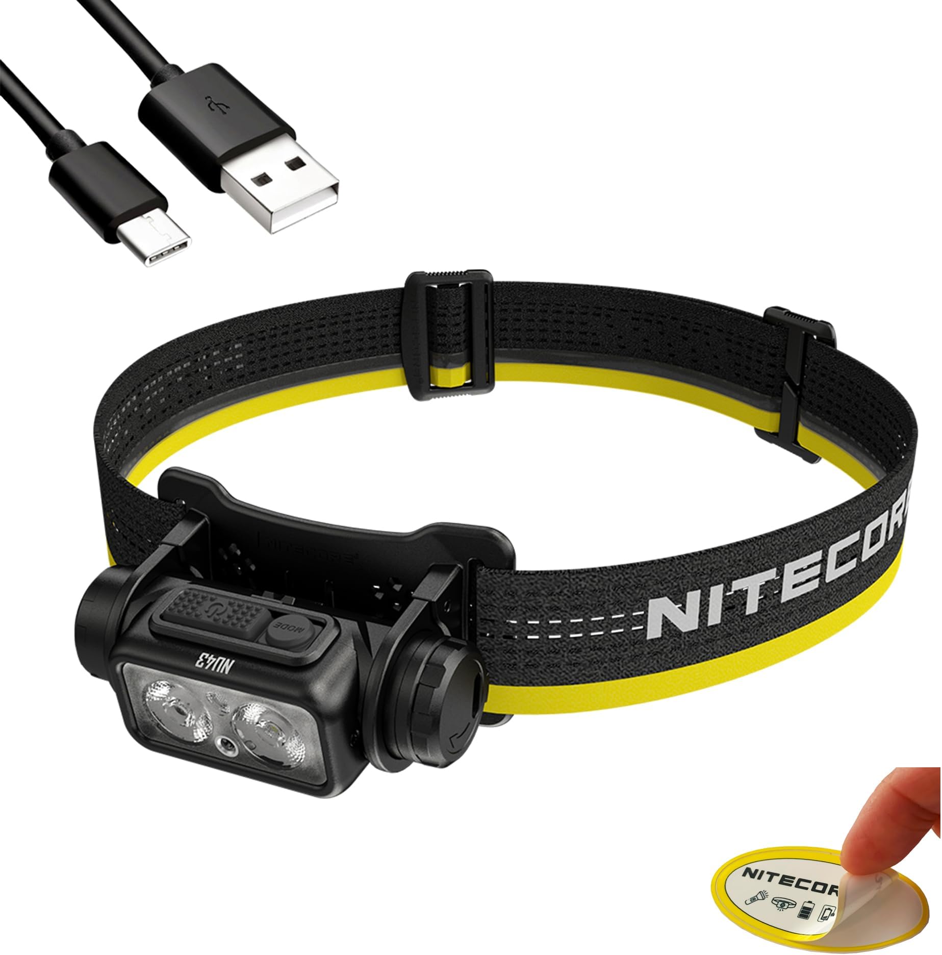 NU43 Rechargeable Headlamp, 1400 lumens USB-C Bright Lightweight for Camping, Running, or Working, with Spotlight, Floodlight, Red Light, Including NitecoreS Sticker