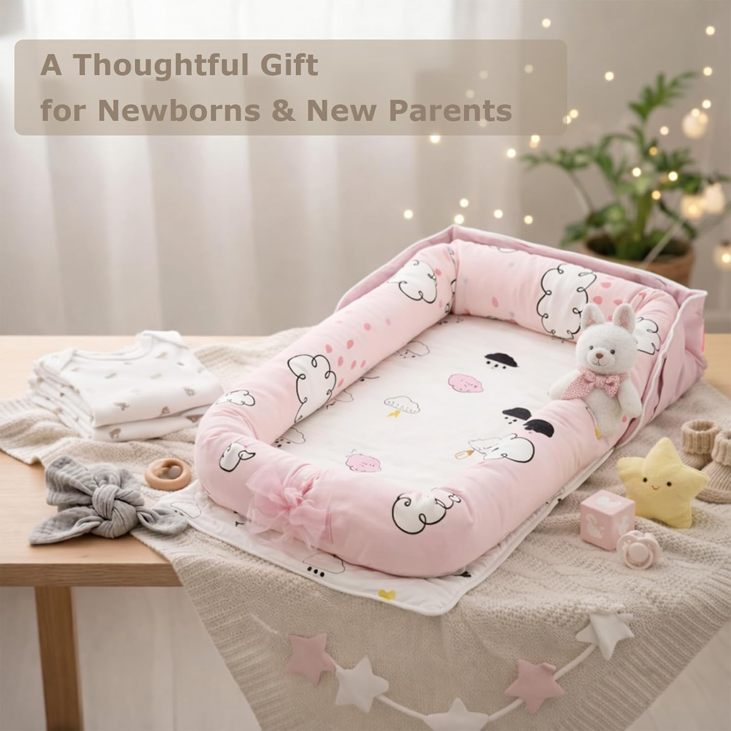 Baby Lounger for Newborns & Infants 0–24 Months, 100% Cotton Breathable Infant Support Cushion with Adjustable Size, Portable Baby Nest for Home and Travel, Baby Shower Gift (Rain Cloud) - Image 7