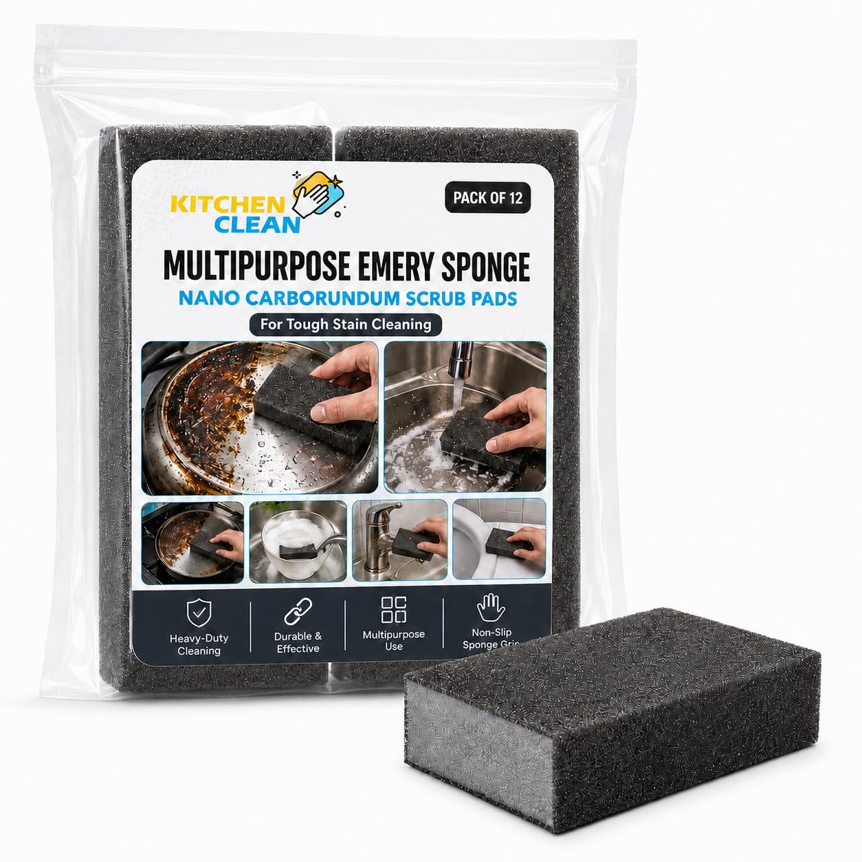 Kitchen Clean Multipurpose Nano Carborundum Emery Sponge for Stain Cleaning, Burnt Pans, Dishes, Grill and Knife/Scissor Sharpening (Pack of 12)