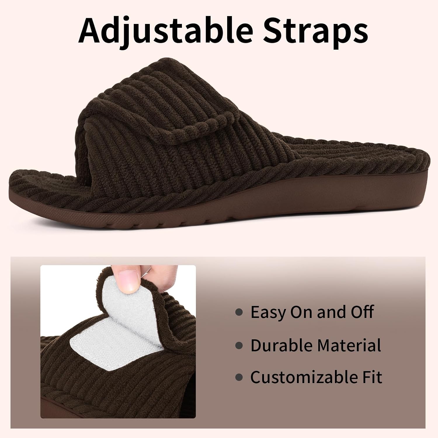 Orthopedic Slippers for Women Arch Support House Shoes | Adjustable Memory Foam Slippers for Plantar Fasciitis, Open Toe Corduroy Bedroom Indoor Shoes thumbnail