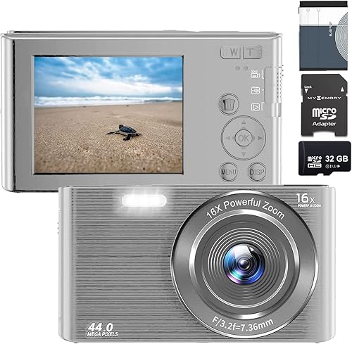 eDealz Cámara digital compacta de 44 MP con tarjeta SD de 32 GB, zoom digital 16X, pantalla para niños de 2.4 pulgadas, cámara de vlogging para
