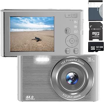 44MP Digital Compact Camera with 32GB SD Card, 16X Zoom, 2.4 Inch Screen, Vlogging Camera for Teens & Seniors (Silver)