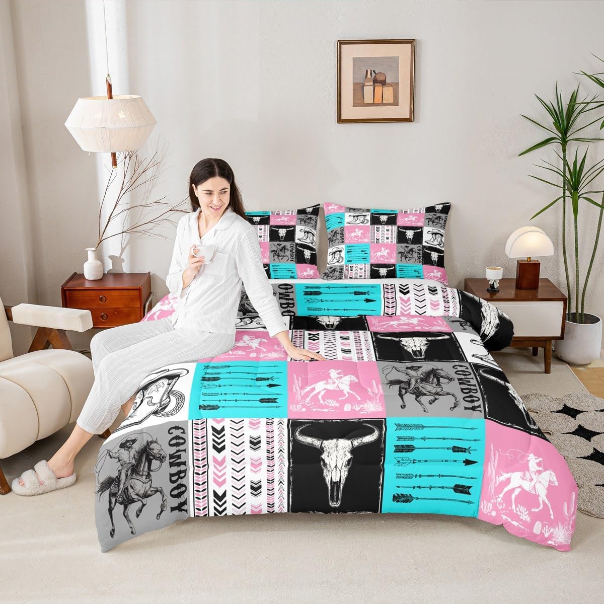 Manfei Cowboy Comforter Set Twin Size, Bull Skull Horse Arrow Bedding Set 2pcs for Kids Boys Girls Room Decor, Geometric Grid Blue Pink Plaid Quilt Set Western Duvet Set with 1 Pillowcase - Image 2