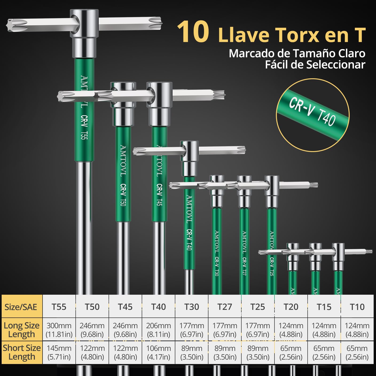 AMTOVL Juego de 10 Llaves Torx con Mango en T, T10-T55 para Reparación de automóviles y Bicicletas,Juego de 10 Piezas con Caja de Almacenamiento