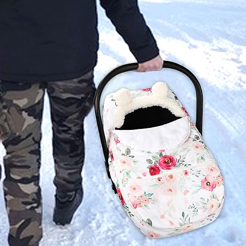 Miniatura 5 de Fundas de asiento de automóvil para bebés de invierno, funda de asiento de automóvil de flores para niñas, funda acogedora y cálida con cremallera,