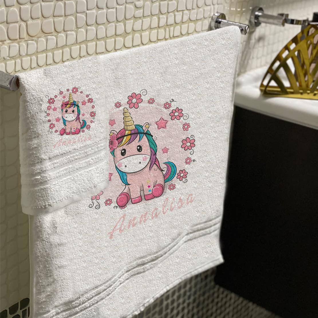 Set 2 Asciugamani Bagno Personalizzati 100% Cotone Made In Italy – 82x50 Cm + 58x38 Cm, Bianco Con Stampa Nome, Idea Regalo
