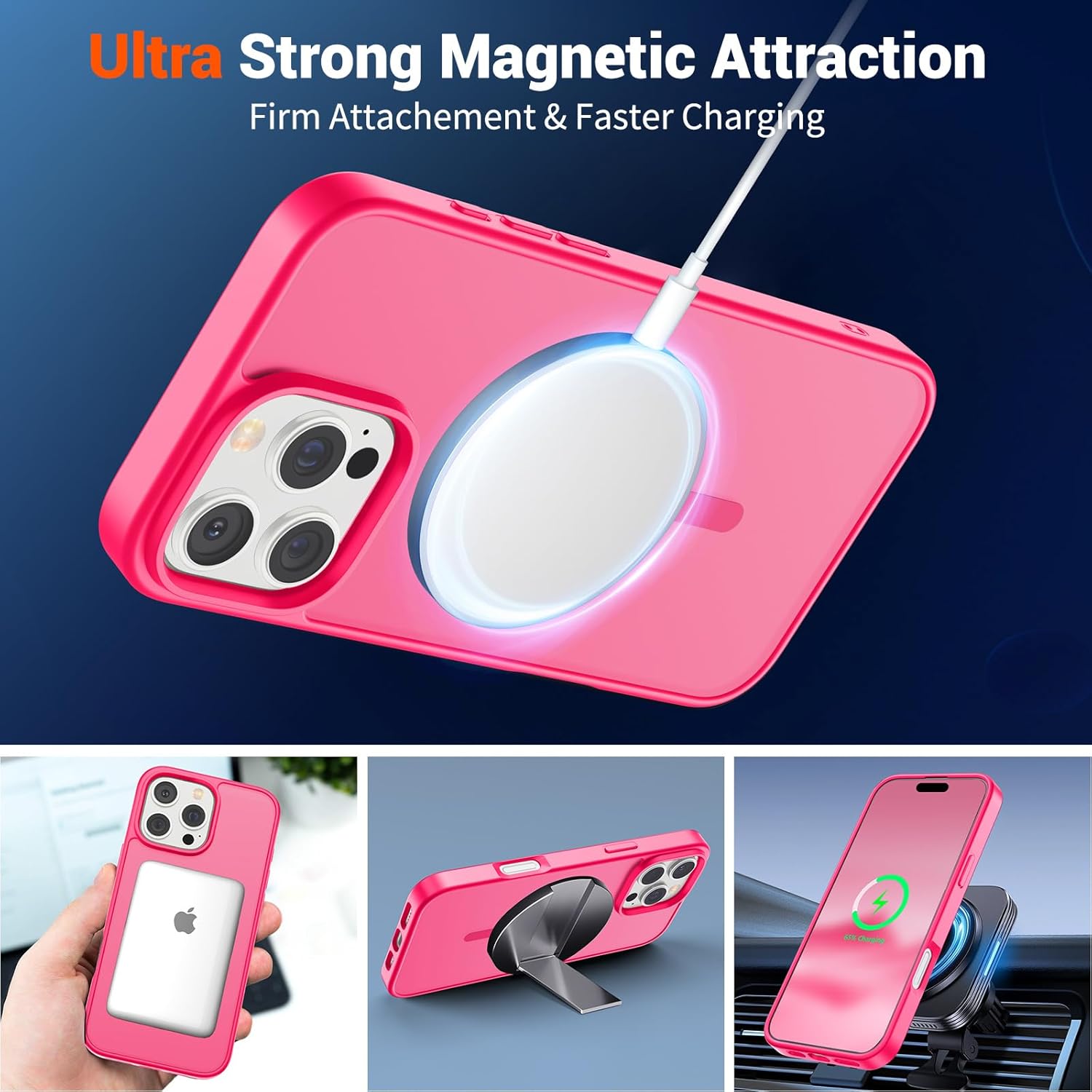 SUPFINE Magnetic for iPhone 16 Pro Case (Compatible with MagSafe) (Military Grade Drop Protection) Slim Translucent Matte Shockproof with Anti-Fingerprint Phone Case,Hot Pink - Image 5