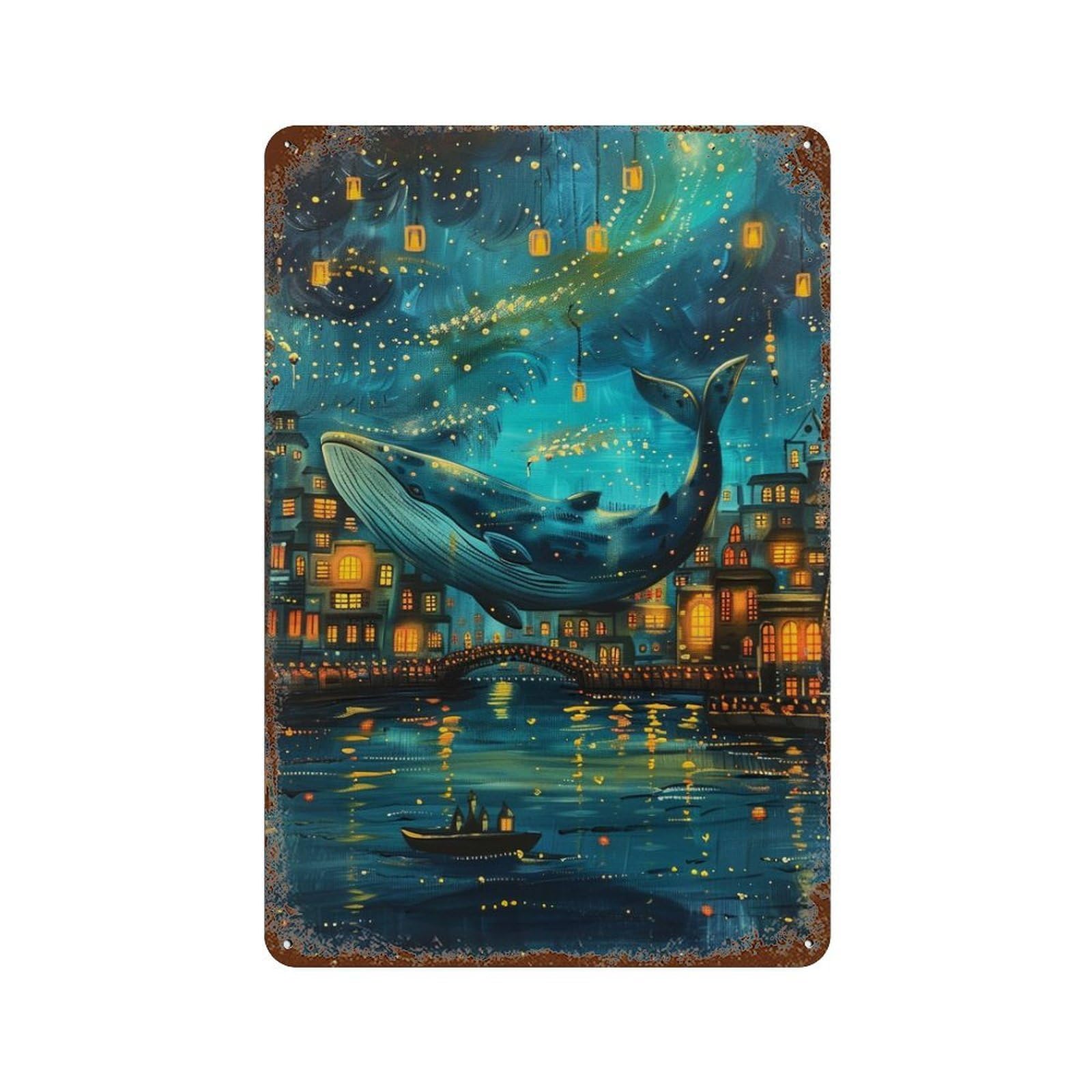 Garage Style Whale in Fantasy Cityscape-1 Vintage Rust Metal Sign 11.8"x7.9", Shabby Chic Decor for Bar And Workshop