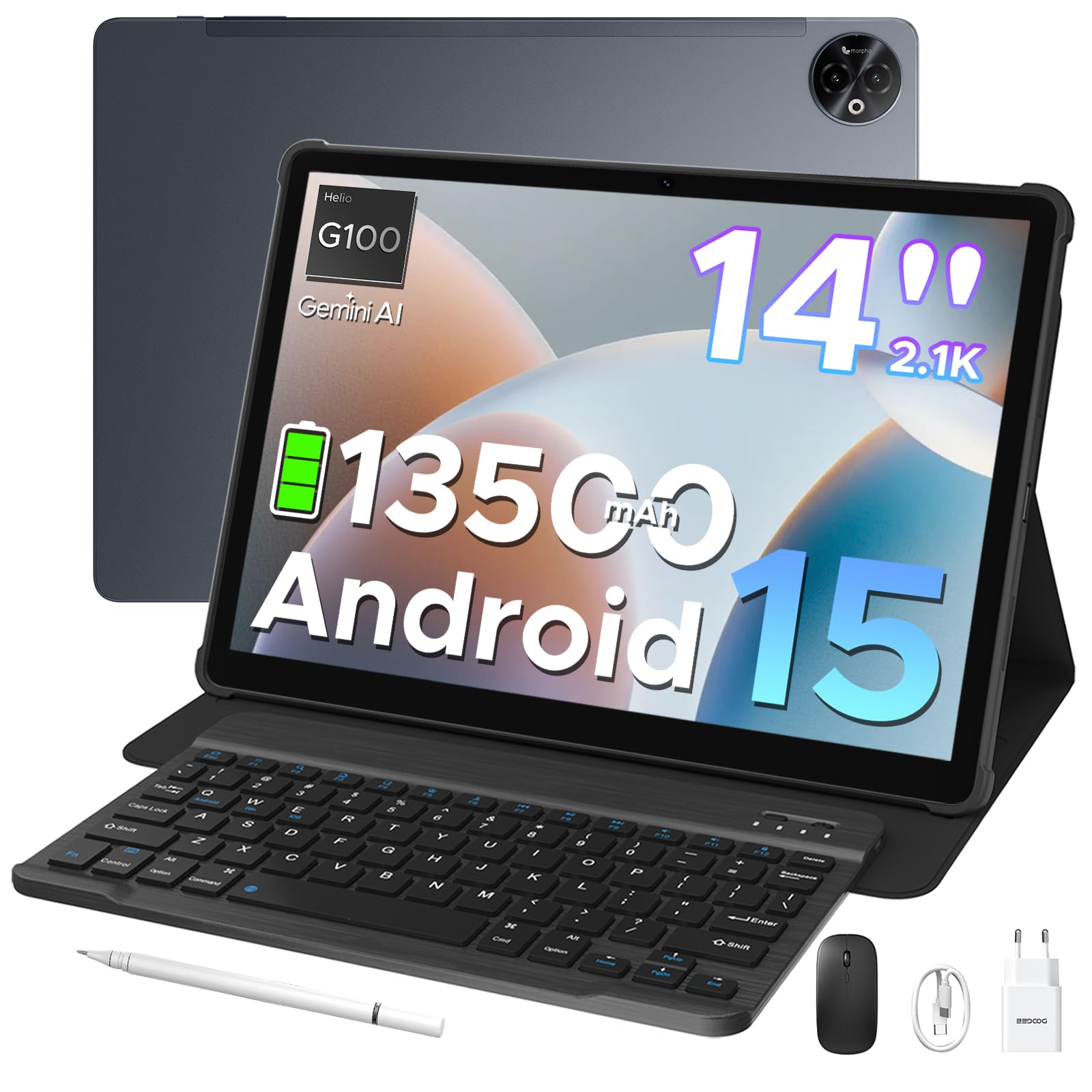 DOOGEE Tab E3 Max 2.1K Tablet 14 Pollici, Tablet con Tastiera, 32GB+256GB(2TB TF), 13500mAh, MTK G100 Octa-Core, Dual SIM 4G LTE+5G WiFi, Android 15/16MP/BT5.2/GMS,Tablets con Penna + Mouse + Custodia