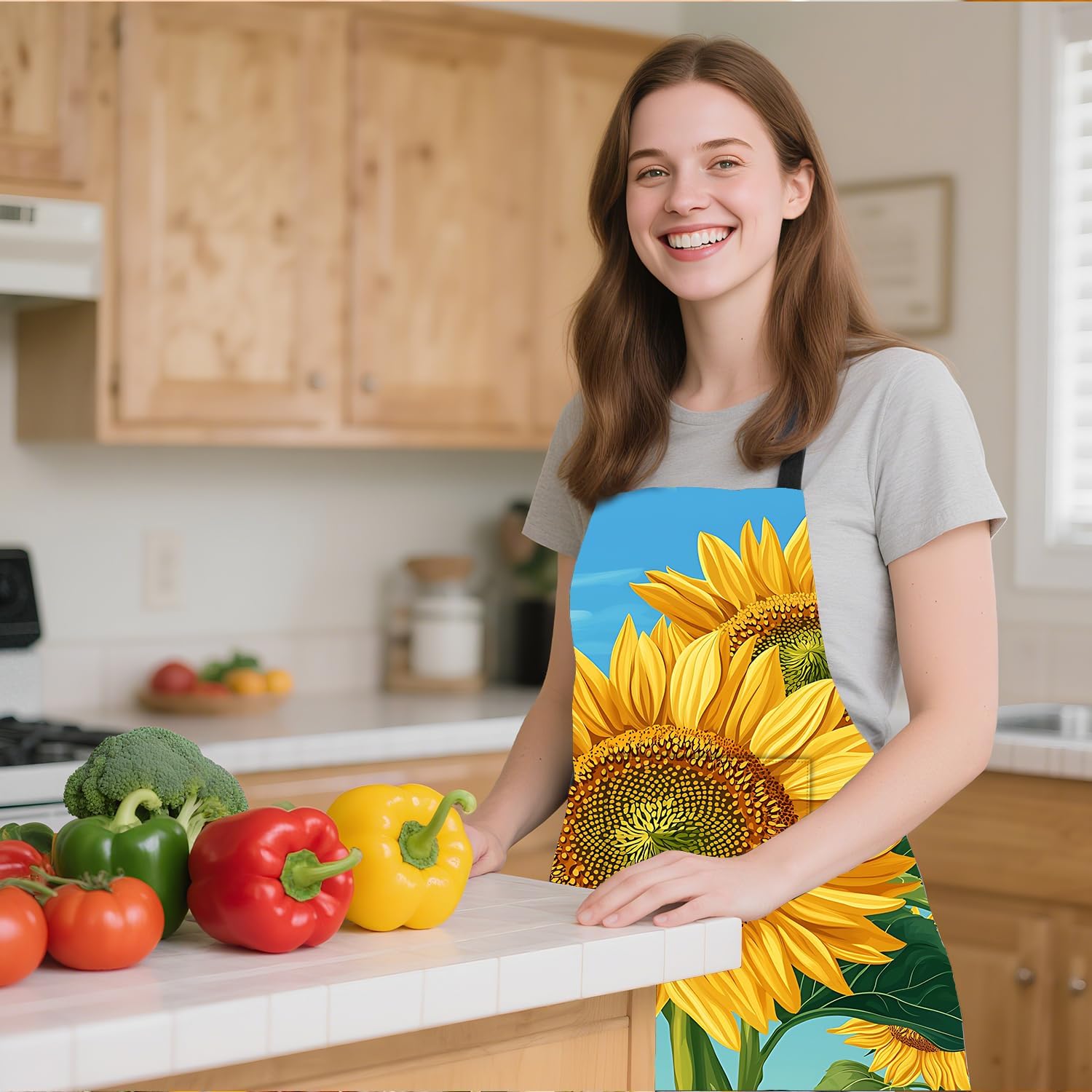 ANNA QUEEN Funny Cat Apron for Women Men with Pockets Spring Sunflower Apron Adjustable Kitchen Chef Cooking Apron
